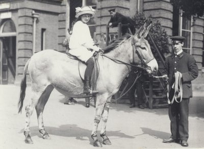 A Young Lady Riding an Ass which is being Led by One Keeper while Another Looks On, London Zoo May 1914 by Frederick William Bond